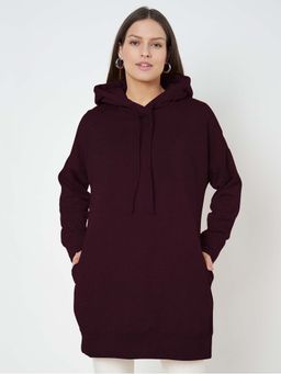 BRINNS - Women Burgundy Solid Longline Pullover Hoodie