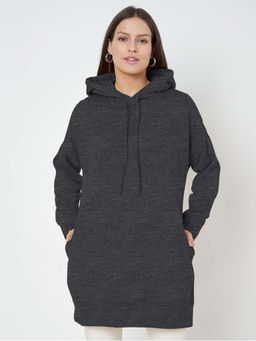 BRINNS - Women Charcoal Solid Longline Pullover Hoodie