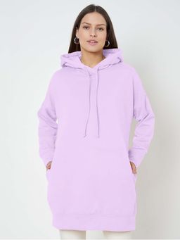 BRINNS - Women Lavender Solid Longline Pullover Hoodie