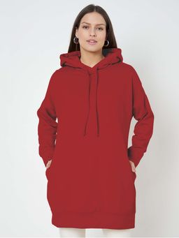 BRINNS - Women Red Solid Longline Pullover Hoodie