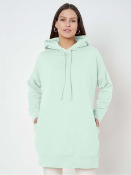 BRINNS - Women Mint Green Solid Longline Pullover Hoodie