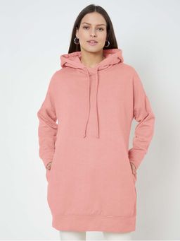 BRINNS - Women Peach Solid Longline Pullover Hoodie