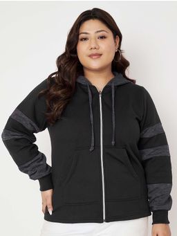 BRINNS - Women Charcoal and Black Plus Size Colorblock Fleece Front-Zip Hoodie
