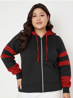 BRINNS - Women Maroon and Black Plus Size Colorblock Fleece Front-Zip Hoodie