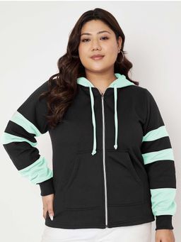 BRINNS - Women Mint Green and Black Plus Size Colorblock Fleece Front-Zip Hoodie