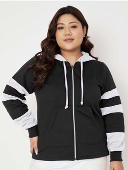 BRINNS - Women White and Black Plus Size Colorblock Fleece Front-Zip Hoodie