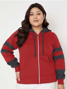 BRINNS - Women Red Plus and Grey Size Colorblock Fleece Front-Zip Hoodie