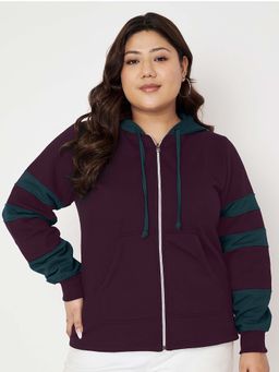 BRINNS - Women Burgundy and Teal Plus Size Colorblock Fleece Front-Zip Hoodie