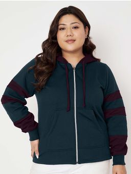 BRINNS - Women Teal and Burgundy Plus Size Colorblock Fleece Front-Zip Hoodie