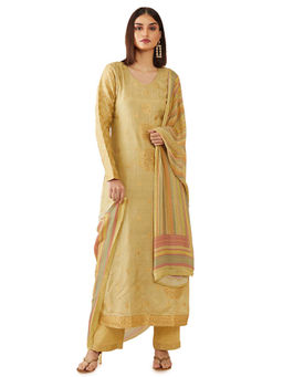 Soch - Light Gold Hand Embroidery Silk Unstitched Dress Material - 3 Meter Kurta Fabric