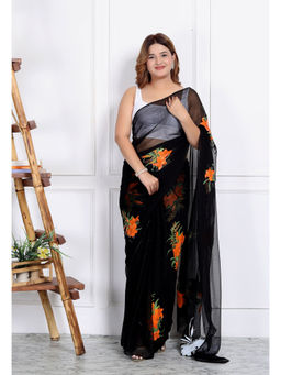 MANN MANI - MANNMANI Aakrit Black Handpainted Chiffon Saree with Unstitched Blouse