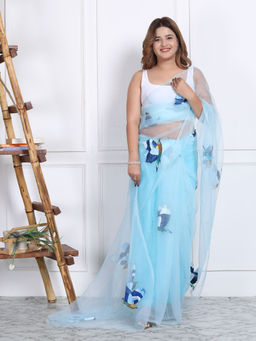 MANN MANI - MANNMANI Aakrit Blue Bird Handpainted Organza Saree with Unstitched Blouse