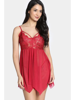 Zivame - Lace N Mesh Babydoll With Thong - Red (Set of 2)