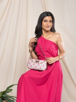 Zouk - Motif Printed Women Handcrafted White And Red Baguette Bag