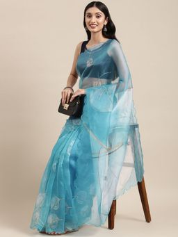 Vastranand - Solid Organza Party Wear Saree With Foil Print Flower Butta- Blue with Unstitched Blouse