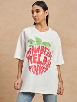 COLOR CAPITAL - Women Off White Graphic Oversized T-Shirt