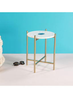Manor House - Sleek Marble and Agate Top and Round Metal Gold Accent Table 14x14x17 inch