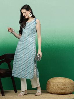 Rama's - Women Turquoise Blue Color Embroidery Cut Sleeve Straight Kurta