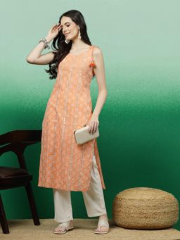 Rama's - Women Peach Color Embroidery Cut Sleeve Straight Kurta