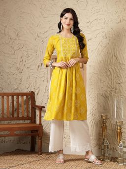 Stylum - Womens Mustard Bandhani Printed and Embroidered Rayon Naira Cut Kurta