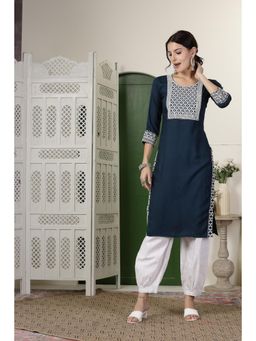 Stylum - Womens Teal Embroidered Rayon Straight Kurta