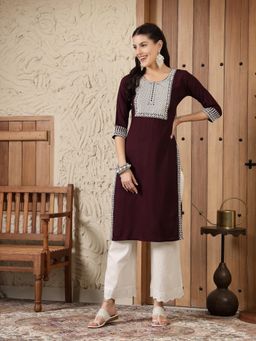 Stylum - Womens Wine Embroidered Rayon Straight Kurta