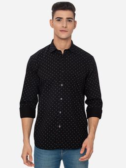 Greenfibre - Men Jet Black Cotton Slim Fit Printed Casual Shirt