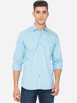 Greenfibre - Men Light Blue Cotton Slim Fit Printed Casual Shirt