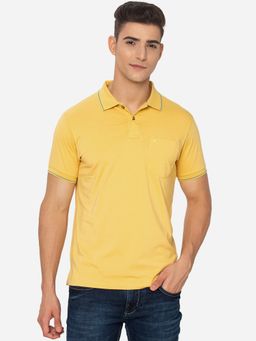 Greenfibre - Men Solid Light Yellow Cotton Blend Slim Fit Polo T-Shirt