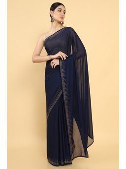 Soch - Women Navy Blue Georgette Embellished Saree with Unstitched Blouse