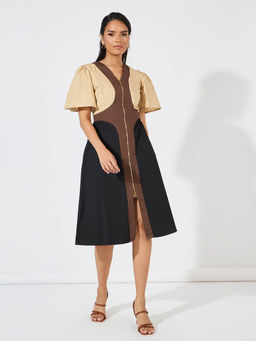 Styli - Women Beige Colorblocked Midi Length Front Zipper Dress
