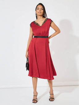 Styli - Women Red Sleeveless V Neck A Line Midi Dress