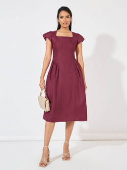 Styli - Women Burgundy Cap Sleeves A- Line Midi Dress