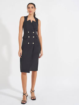 Styli - Women Black Button Detail Sleeveless Blazer Midi Dress