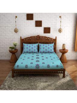 CORE Designed by SPACES - Celebrations Aqua Floral 210 Tc 1 Double Bed Sheet With 2 Pillow Covers
