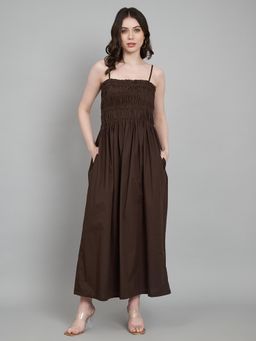 AMAGYAA - Shoulder Straps Brown Smocked Cotton Maxi Dress