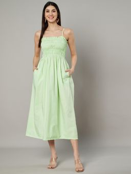 AMAGYAA - Shoulder Straps Green Smocked Cotton Midi Dress