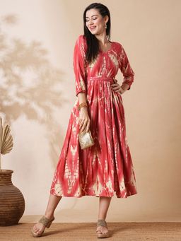 Globus - Women Coral Embroidered Neckline Tie-Dye Front Slit A-Line Fusion Midi Dress With Belt