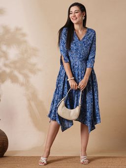 Globus - Women Blue Allover Floral Printed Wrap Neck Asymmetric Hem A-Line Fusion Midi Dress