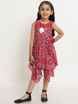 Creative Kids - Girls Maroon Printed Drawstring Fit & Flare Dress (Set of 2)
