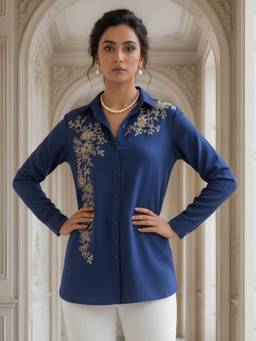 Autumnlane - Avira Sapphire Navy Blue Embroidery Shirt