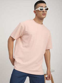 R&B - Men Peach Textured Loose Fit T-Shirt