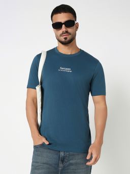R&B - Men Teal Crew Neck Typography Printed T-Shirt