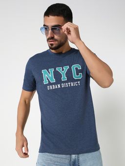 R&B - Men Blue Crew Neck Typography Printed T-Shirt