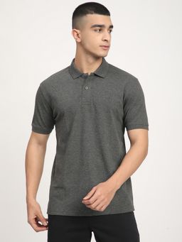 R&B - Men Grey Solid Dam Embroidery Dry Fit Polo T-Shirt