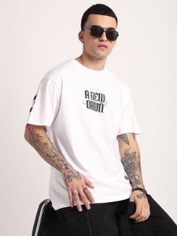 R&B - Men White Young Front And Back Typography Print Loose Fit T-Shirt