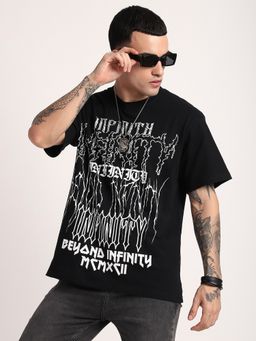 R&B - Men Black Young Front And Back Printed Loose Fit T-Shirt