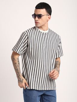 R&B - Men White Structure Striped Relax Fit T-Shirt