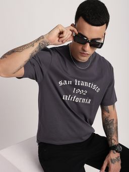 R&B - Men Grey Crew Neck Typography Printed Relaxed Fit T-Shirt