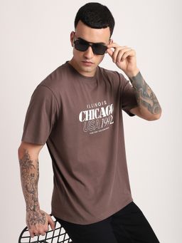 R&B - Men Brown Crew Neck Typography Printed Relaxed Fit T-Shirt